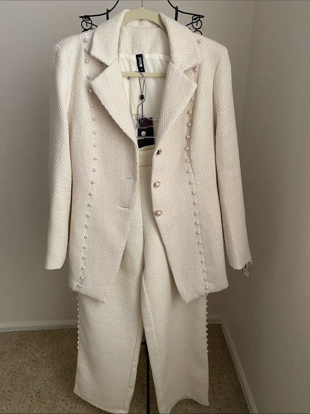 STYLEWE Cream Pearl-Trim Textured Blazer and Trouser Set